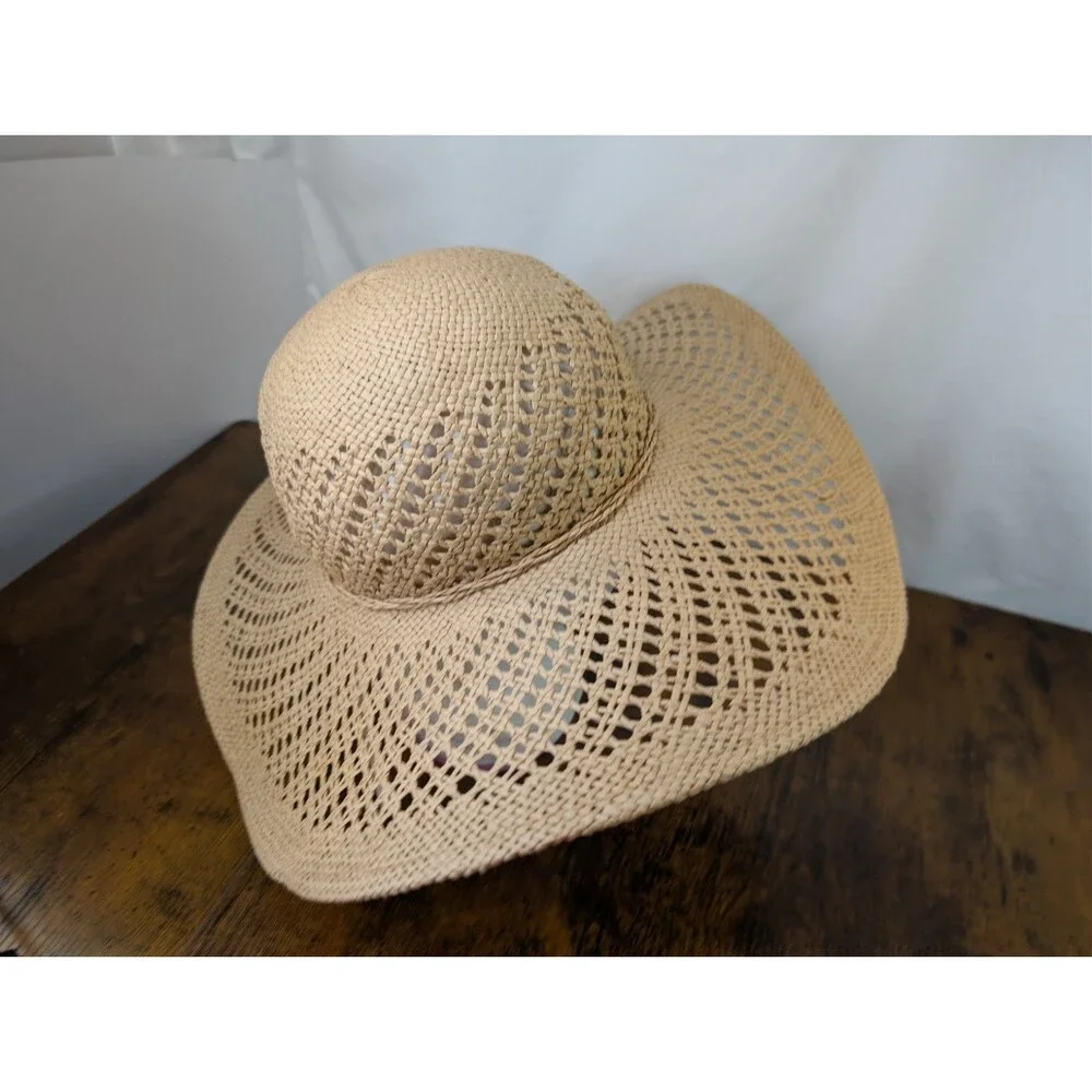 Marcus Adler Wide Brim Straw Sun Hat Open Weave Floppy Beach Boho Bow Tan OS EUC